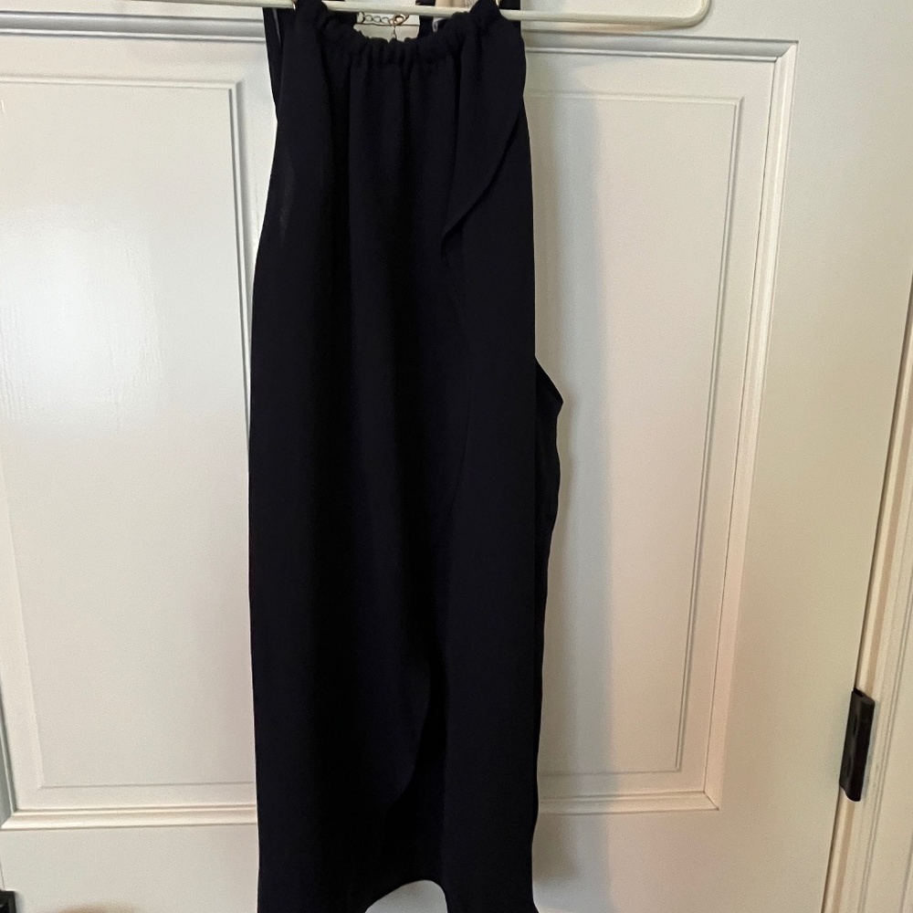 Sleeves polyester ruffle , split front top in navy blue with chain neckline